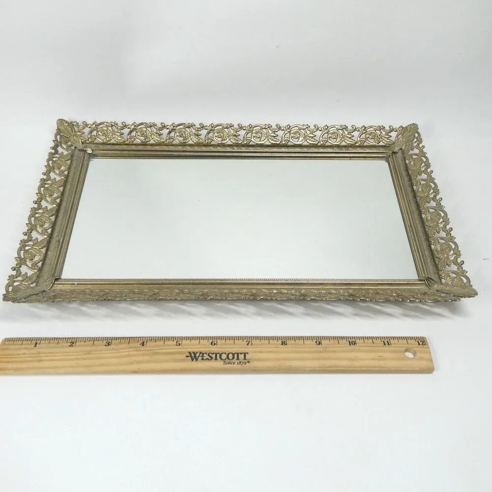 Brass Tray Mirrored Vanity Dresser 14x8 Rectancular MCM Vintage